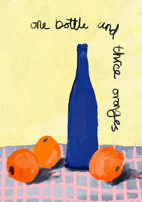One bottle and three oranges