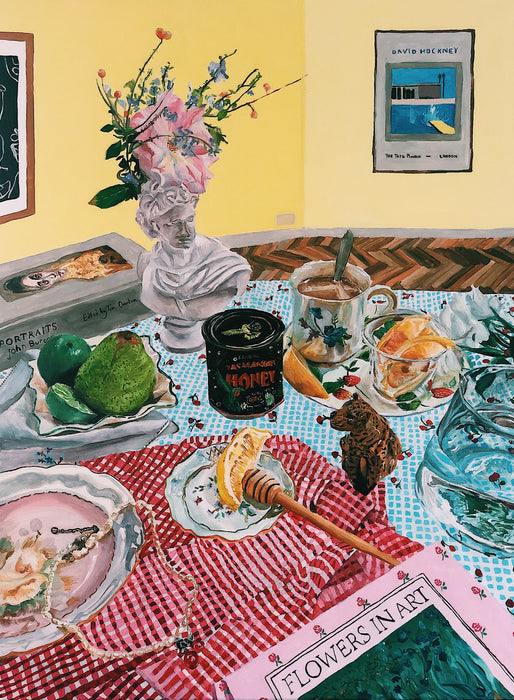 Some things on a table & a David Hockney painting on the wall